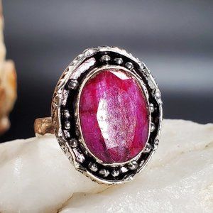 Genuine Cabochon Raw Pink Ruby Stone Silver Ring